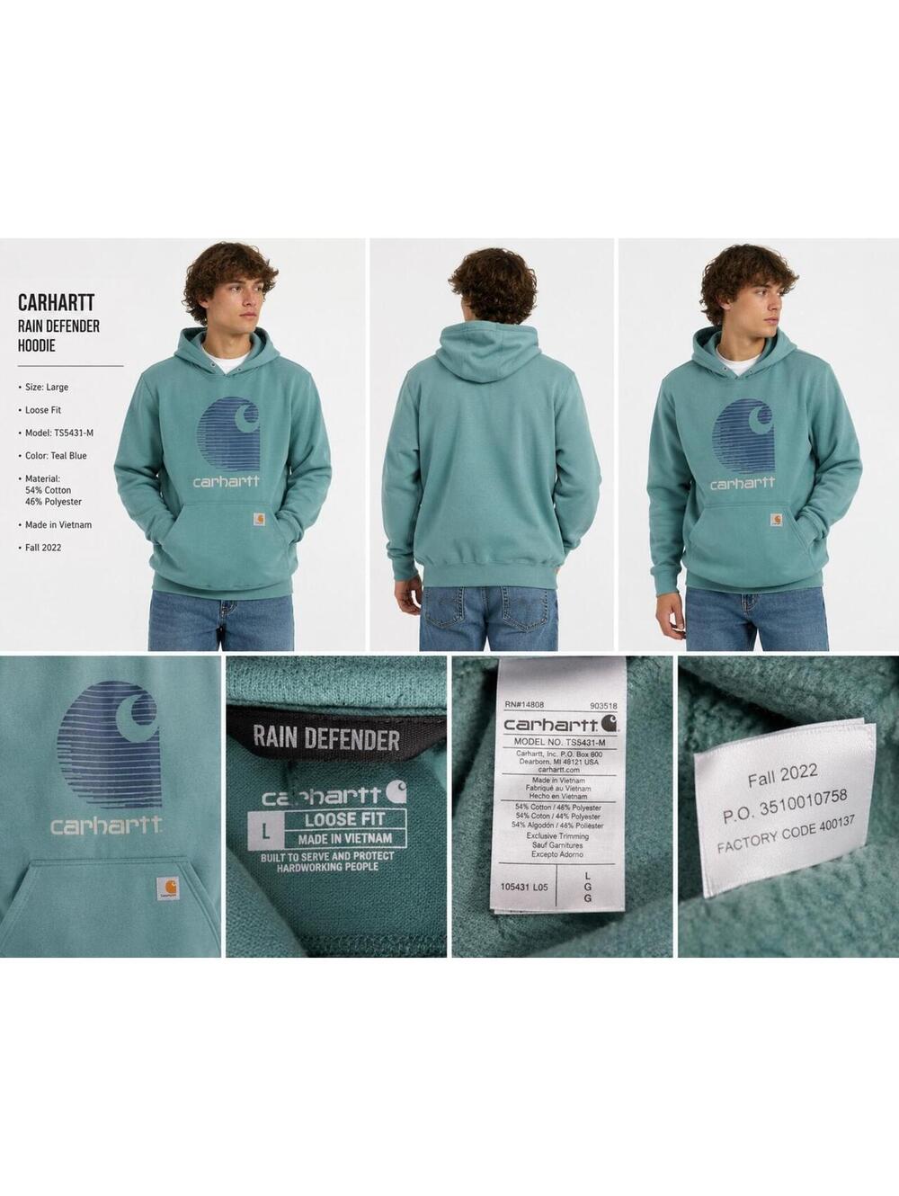 Carhartt Hoodie Mens Large Green Loose Fit WORK WEAR Hooded Sweatshirt  Pullover